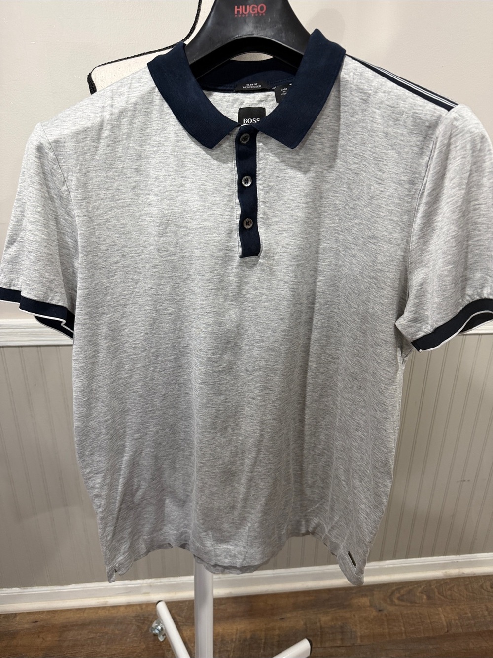 Hugo Boss Light Gray Polo with Navy Collar and Trim
